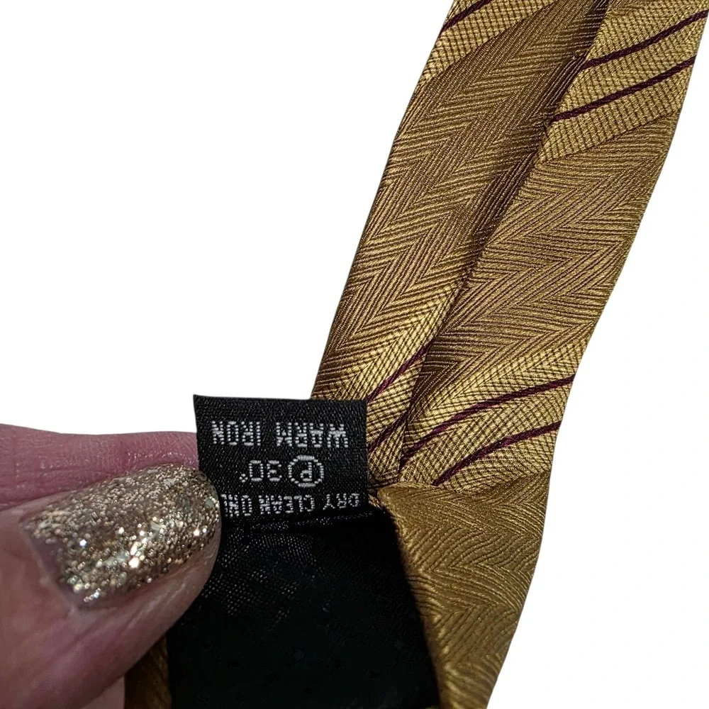PRAGO Silk Striped Necktie Gold Burgundy Classic Formal Business Luxury Designer